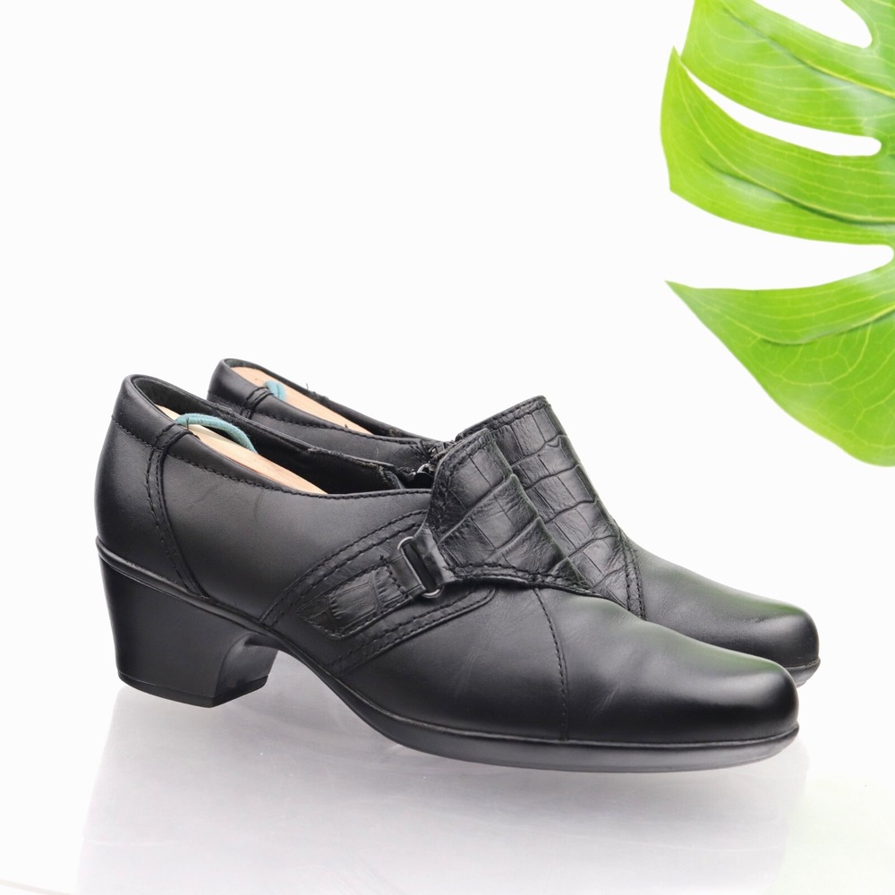 Clarks Shoes Womens Ingals Booties Size 9 Black Leather Zip Buckle Heel Comfort